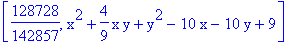 [128728/142857, x^2+4/9*x*y+y^2-10*x-10*y+9]